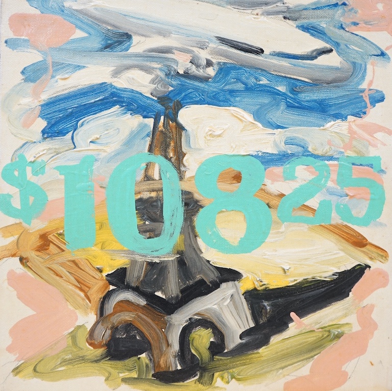 Mike Howard, oil on canvas, entitled $108.25, signed and dated verso, 1985, (Paris Sweepstakes Special), ex Gracie Mansion Gallery, New York, 31cm square. Condition - good.